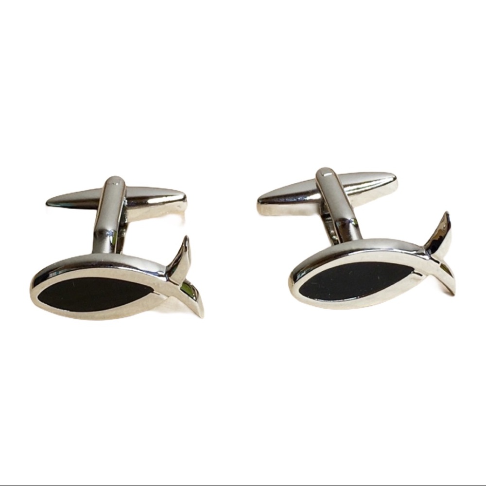 Fish Cufflinks Religious Silver with Black Enamel - Picture 1 of 8
